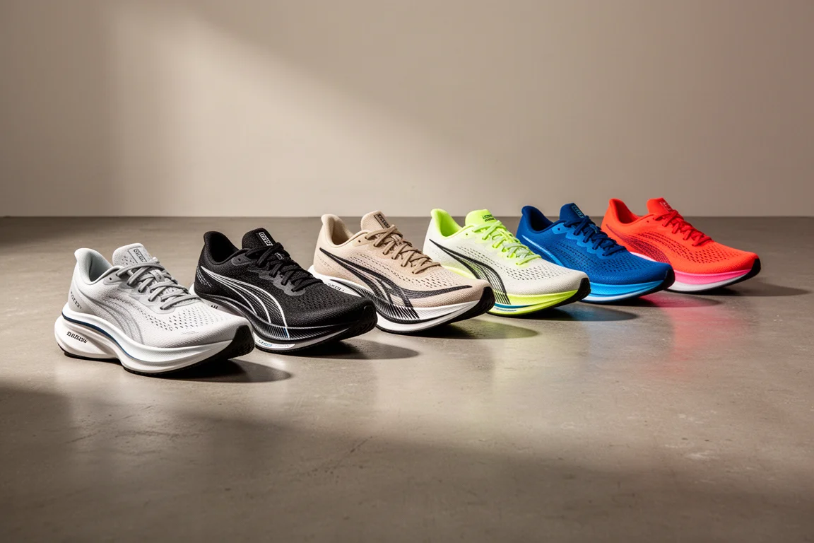 A lineup of modern running shoes in varied silhouettes on a concrete floor