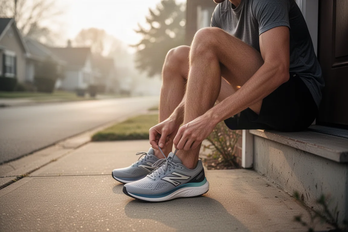Coureur attachant une paire de chaussures de running modernes sur un seuil avant une sortie facile tôt le matin