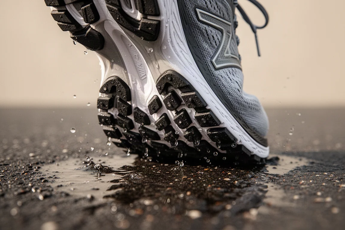 Gros plan sur une semelle extérieure de chaussure de running avec du caoutchouc texturé accrochant le bitume mouillé