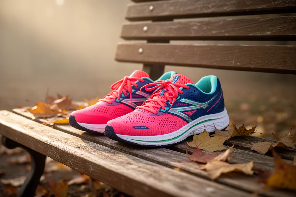 Paire de chaussures d'entraînement quotidiennes colorées posées à côté d'un banc dans un parc