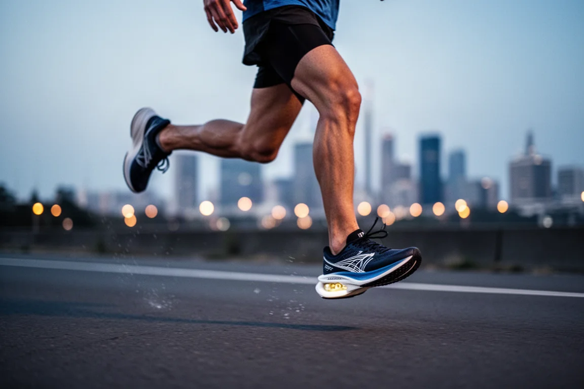 Coureur en pleine foulée sur une route bitumée au crépuscule, portant des chaussures de course discrètes