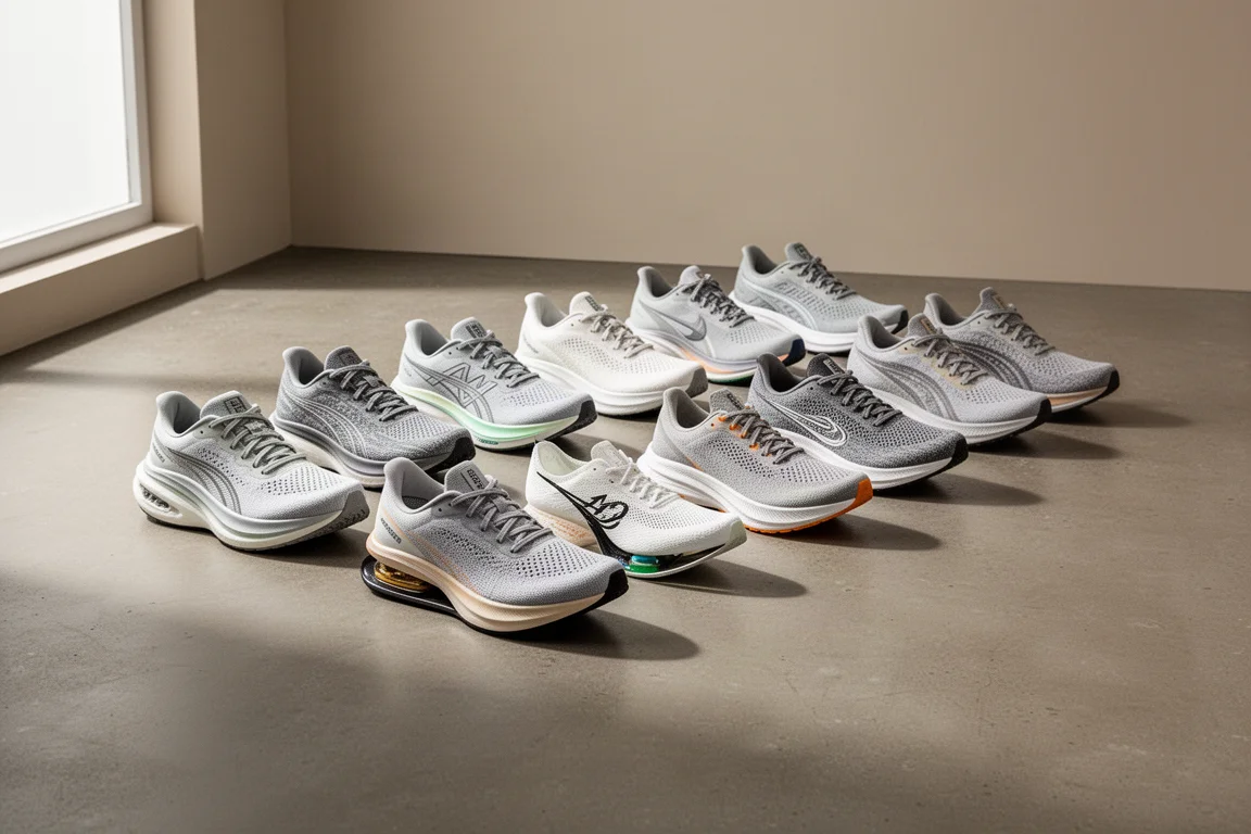 Ten different modern running shoes arranged in a line on a concrete studio floor
