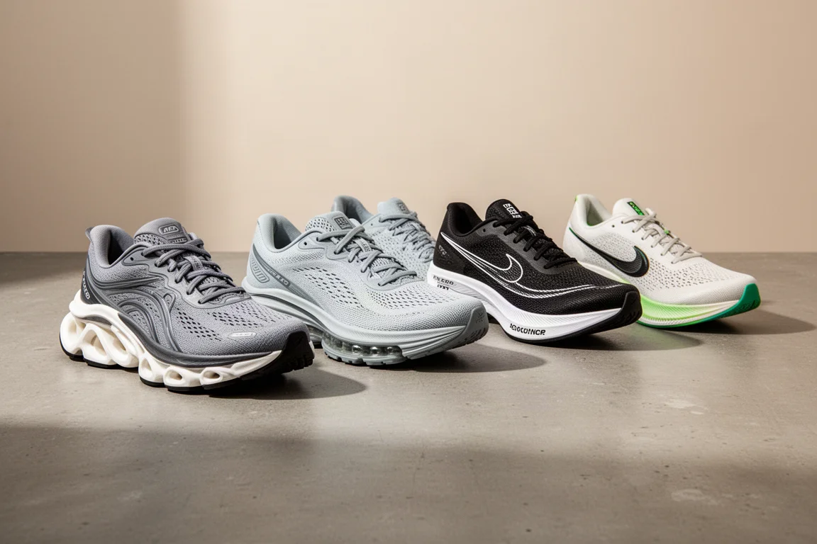 Five running shoes of different styles arranged in a row on a concrete surface