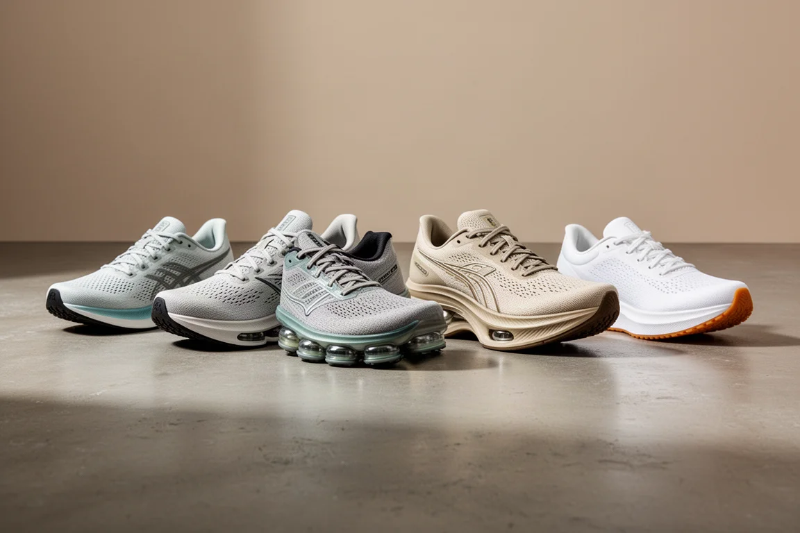 Allineamento di sei scarpe da running moderne di diverse sagome su un pavimento in cemento da studio