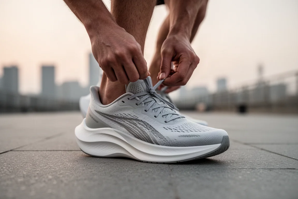 Runner tying the laces of a modern running shoe on a city pavement