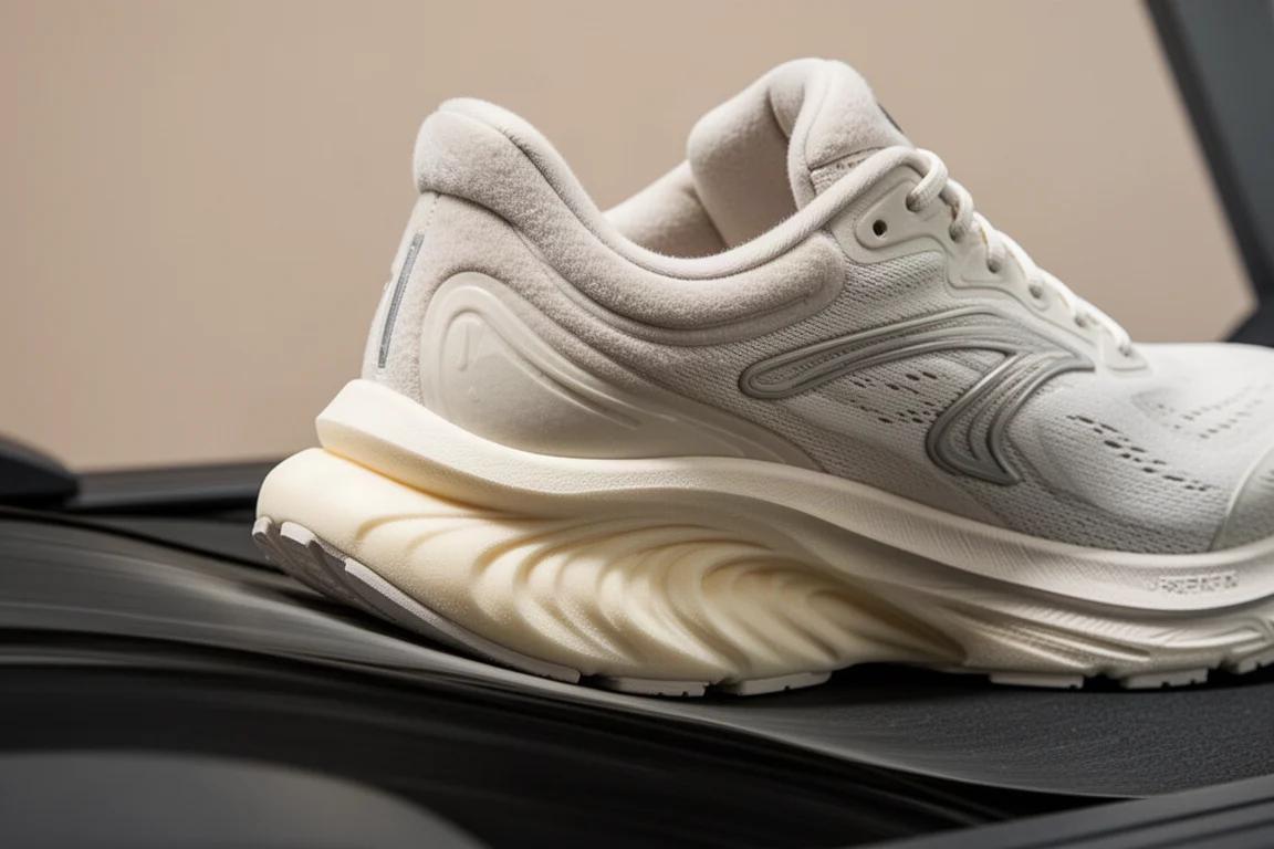 Plush max-cushioned running shoe midsole compressing on a treadmill