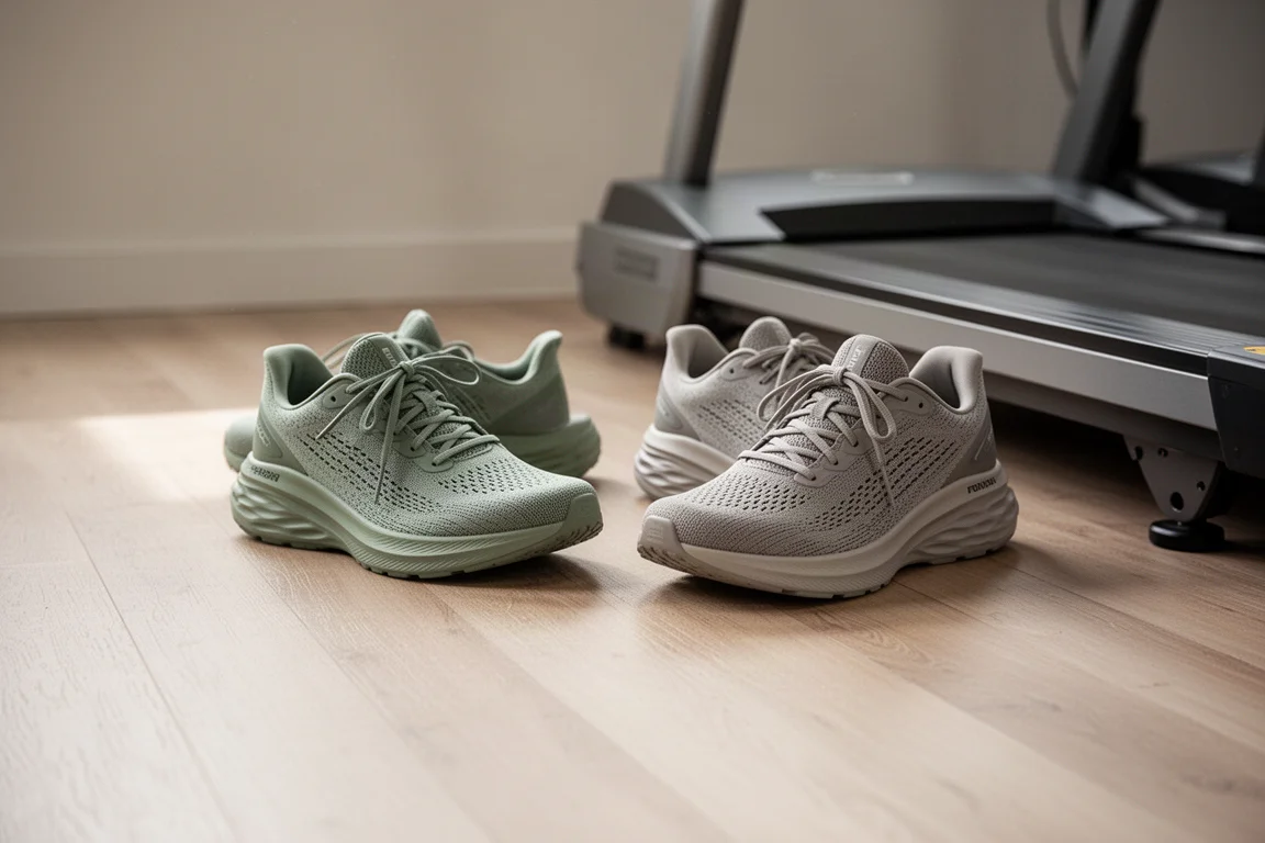 Two running shoes side by side on a wooden floor of a gym