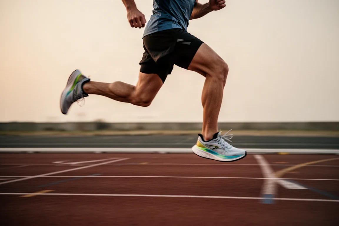 Runner mid-stride during a fast tempo session on an athletics track