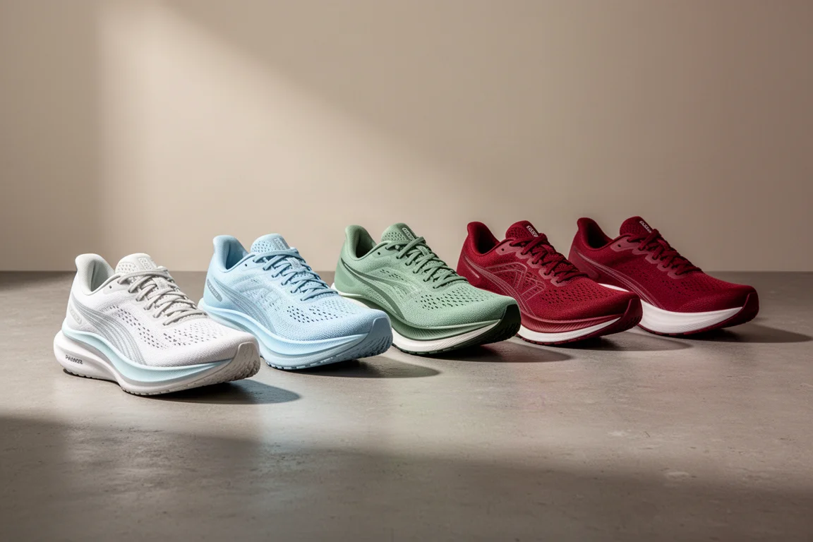 Schieramento di sei moderne scarpe da running con suole intermedie diverse su una superficie di cemento