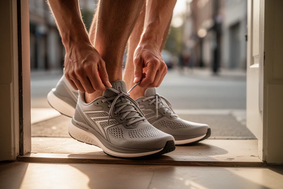 Runner lacing up a cushioned daily trainer on a sunlit doorstep before an easy run