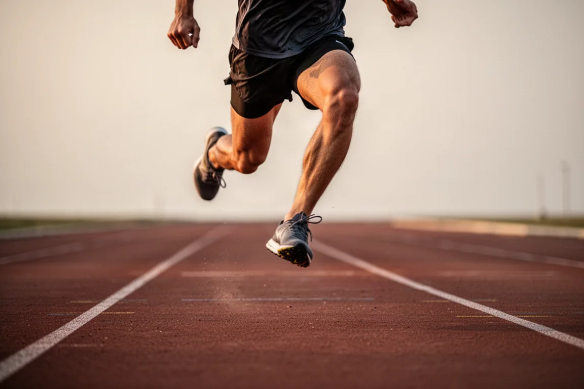 Runner mid-stride on a track during a fast interval session