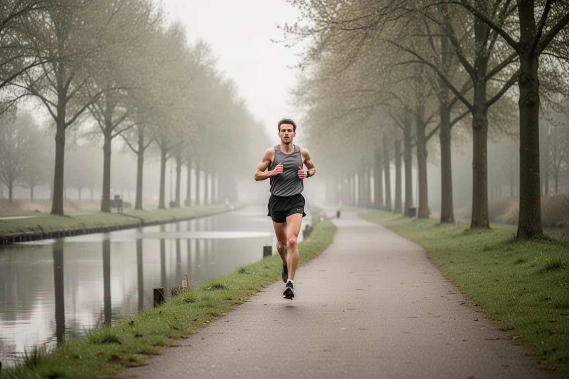 Runner cruising along a quiet canal path on a long easy run
