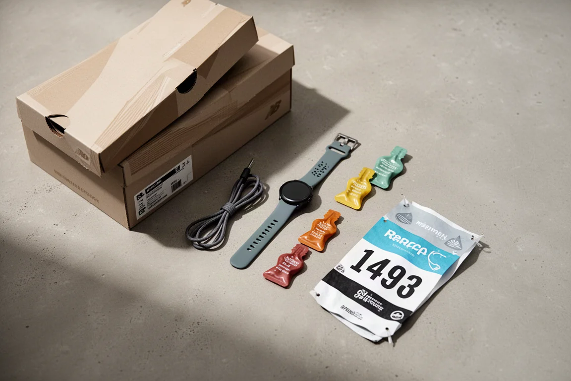 Flat-lay of running accessories and a shoe box on a concrete floor