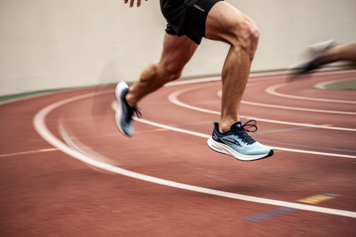 Close-up of a runner's feet striking tarmac during a fast tempo session