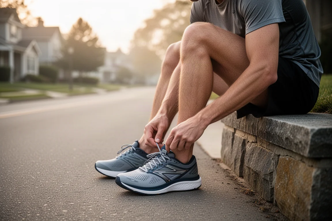 Corridore che allaccia le scarpe prima di una corsa mattutina su strade tranquille