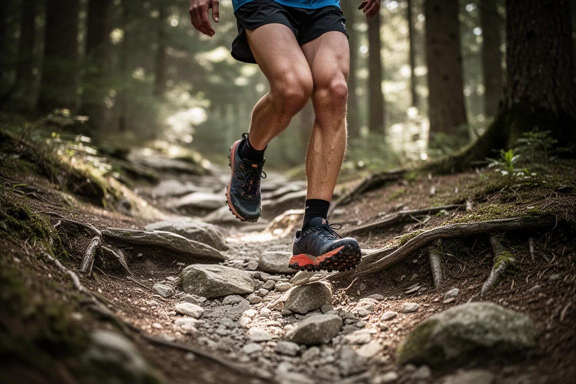 Trail runner che procede lungo un sentiero roccioso nel bosco con luce soffusa