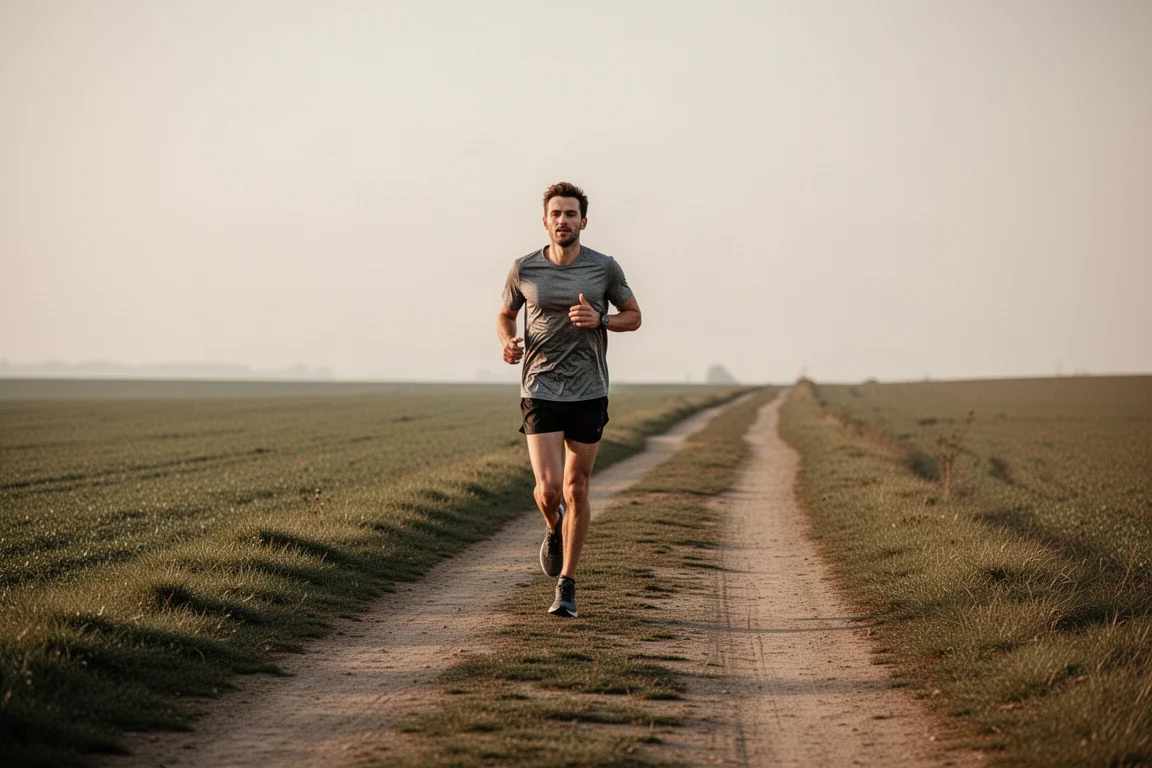 Corridore che conclude un facile jogging di recupero su un sentiero sterrato tranquillo