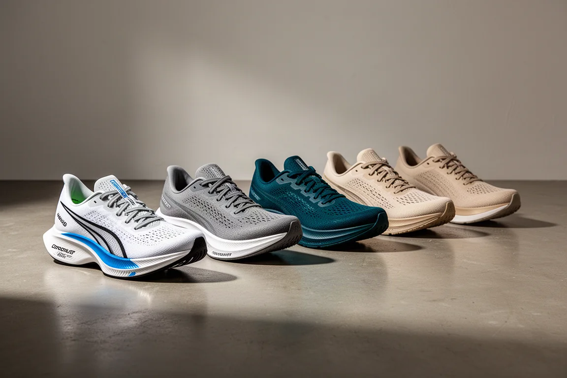 Linea di scarpe da running moderne su un pavimento di cemento in studio