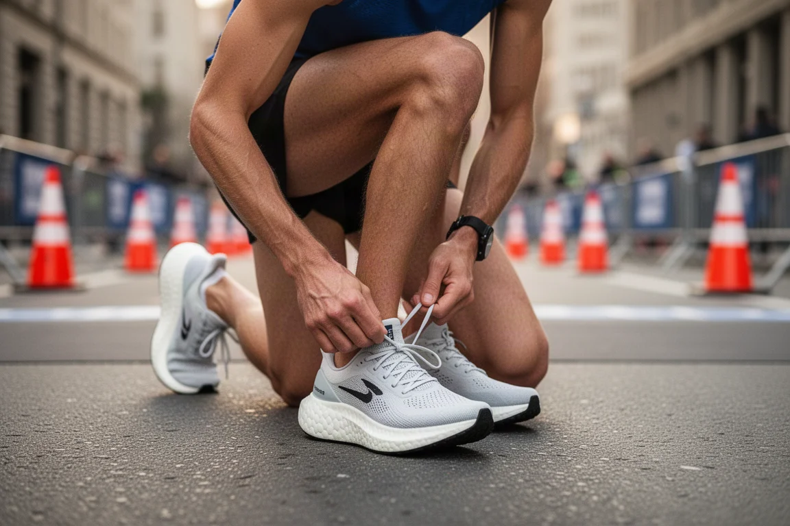 Un coureur lacent une paire de chaussures de running route avant une sortie au petit matin
