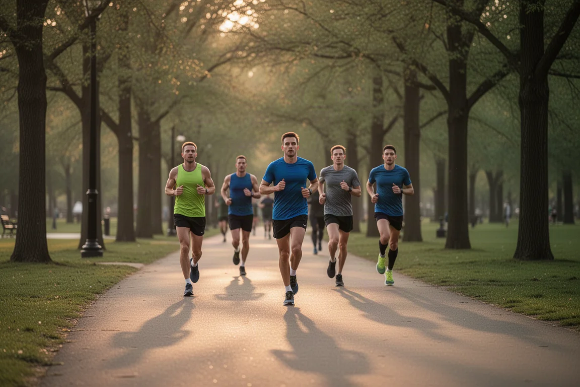 Des coureurs dans une rue en pleine séance de tempo au crépuscule