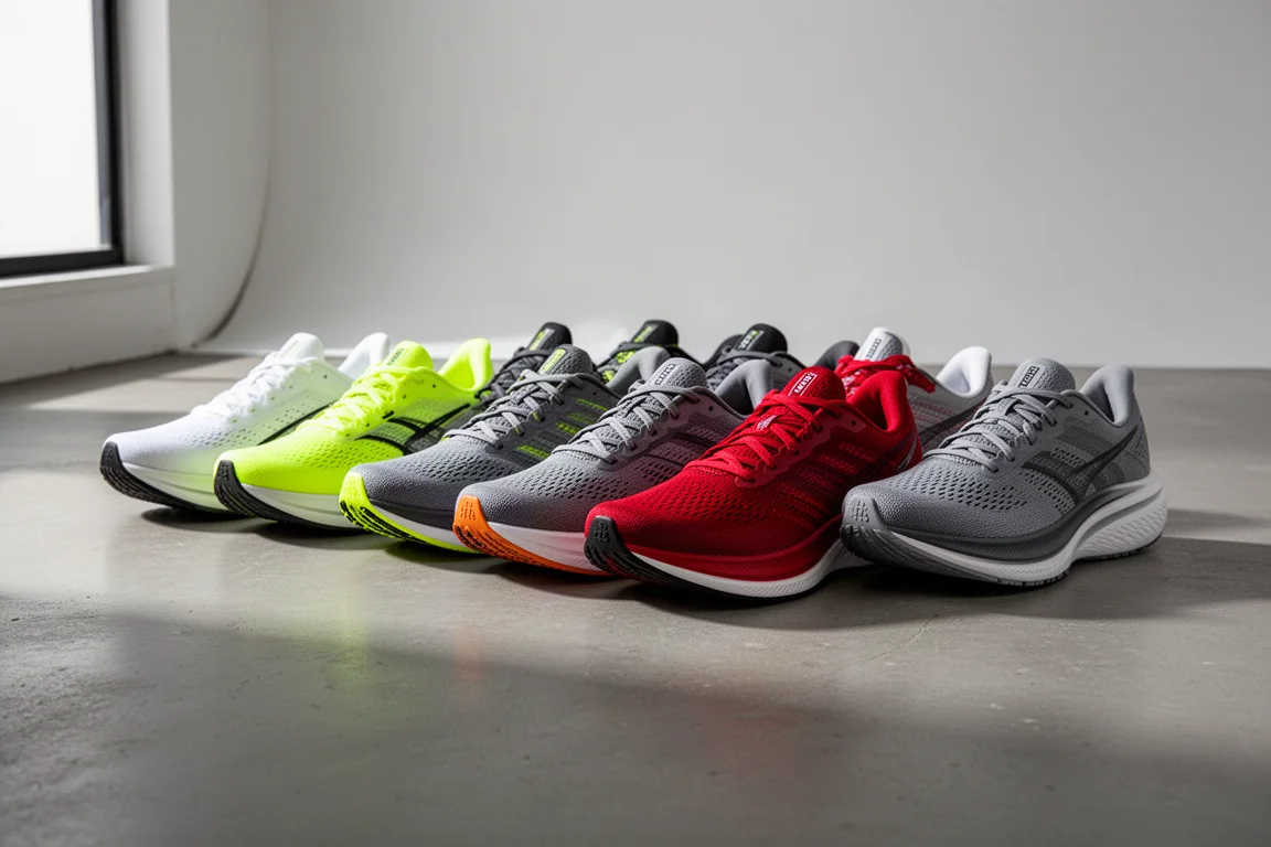 Lineup of nine modern running shoes with tall foam midsoles on a concrete studio floor