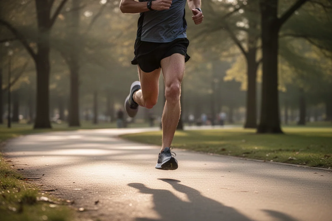 Un runner correre a ritmo su un sentiero di parola aperto con luce pomeridiana morbida