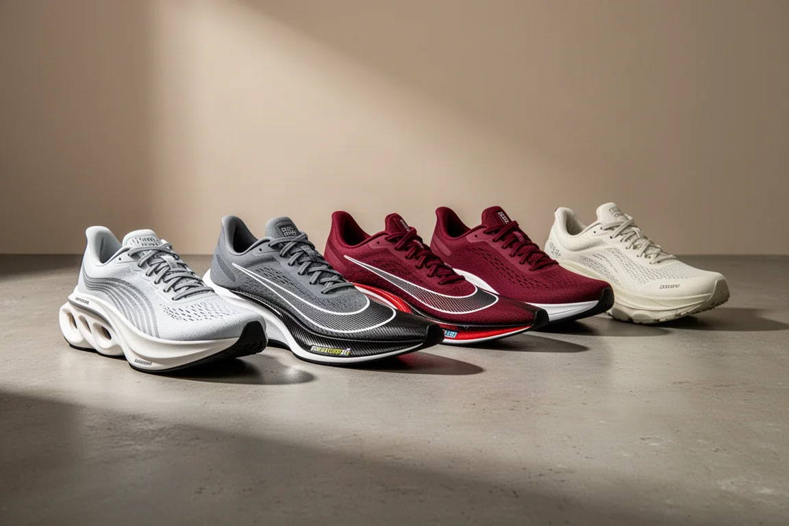 Sette scarpe da running di stili diversi disposte su una superficie di cemento opaco