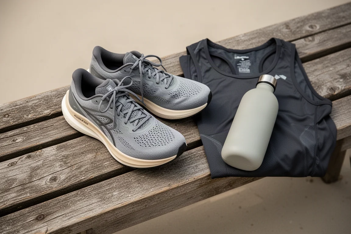 Une paire de chaussures de running polyvalente sur un banc en bois à côté d'un gilet de course