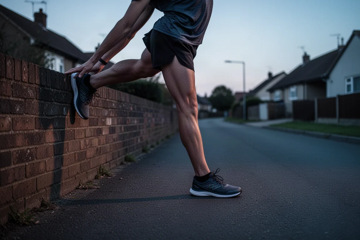 Un coureur s'étire après une sortie facile sur une route de banlieue calme au crépuscule