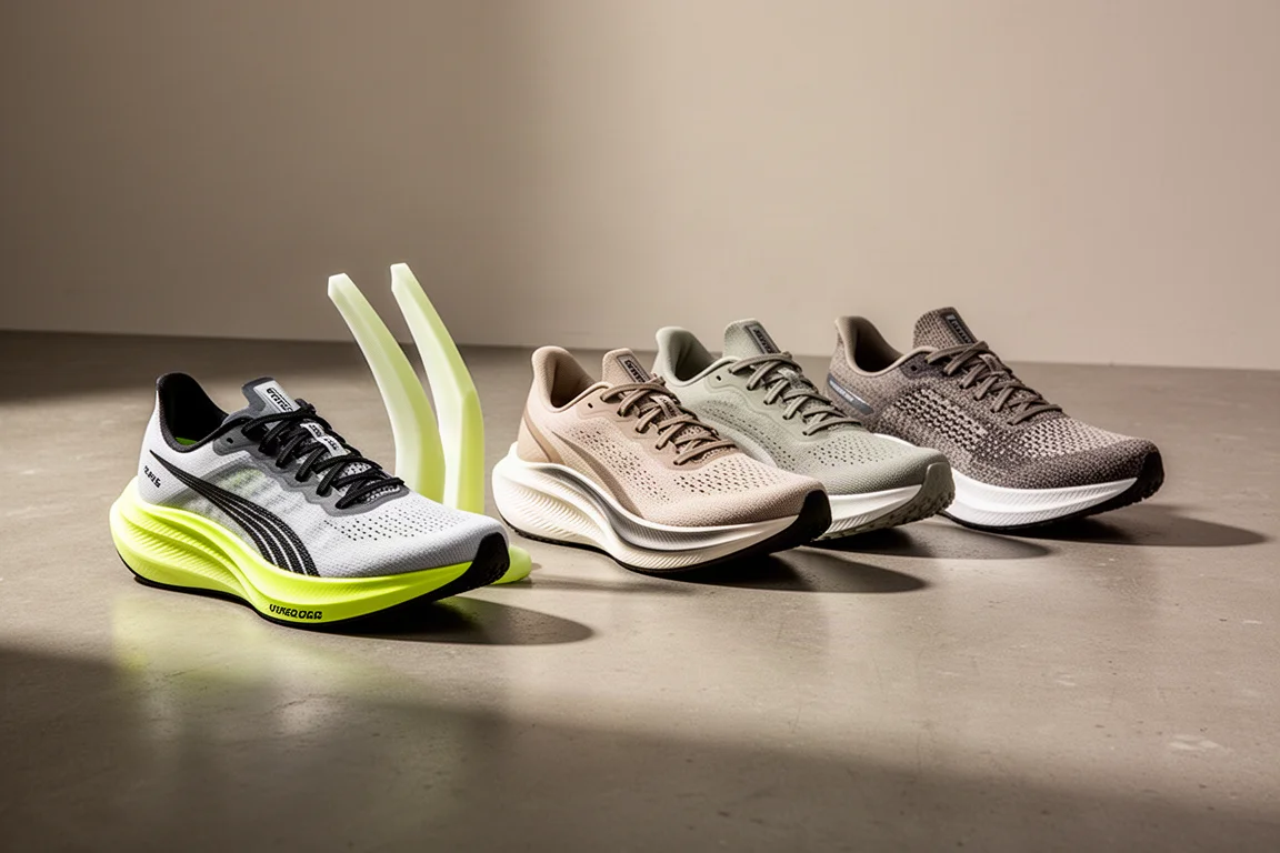 A collection of road running shoes arranged in a row on a concrete studio floor