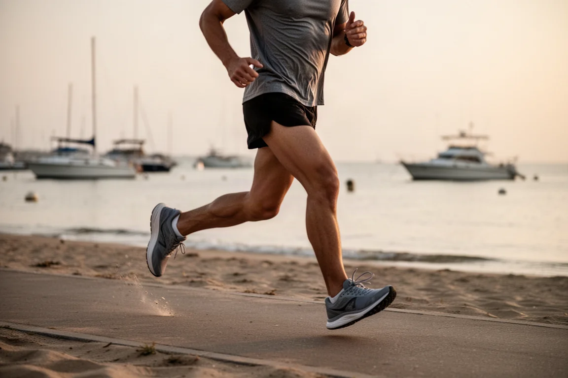 Un corridore conclude chilometri facili al mattino lungo un sentiero sul lungomare