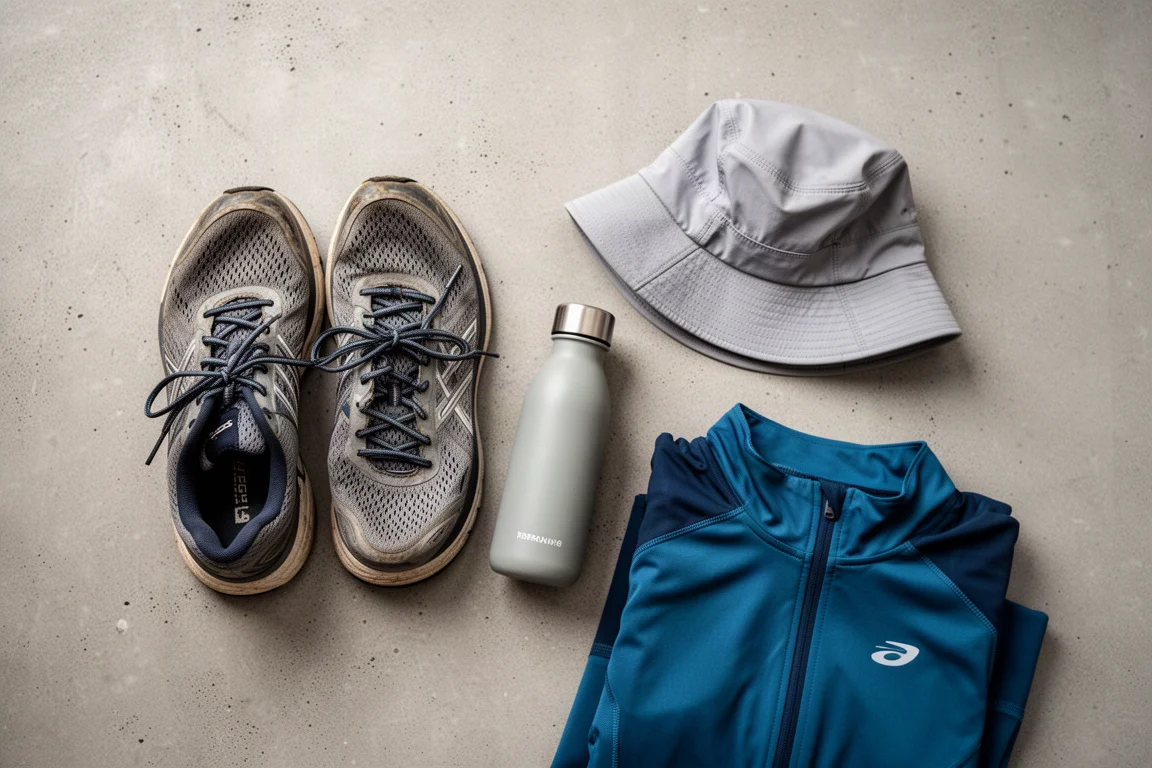 Flat-lay di attrezzatura da running quotidiana disposta su una superficie di cemento neutra
