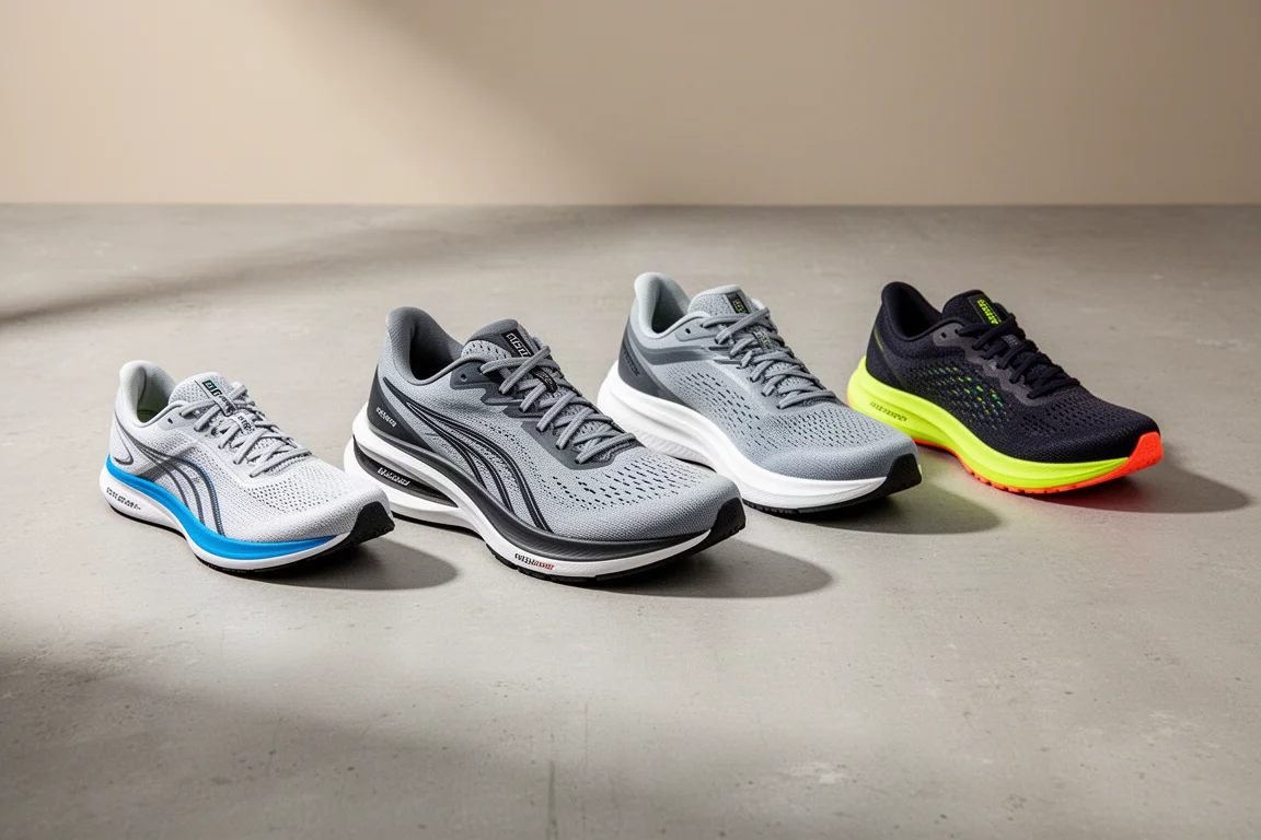 Six modern running shoes arranged in a diagonal row on a light grey concrete surface