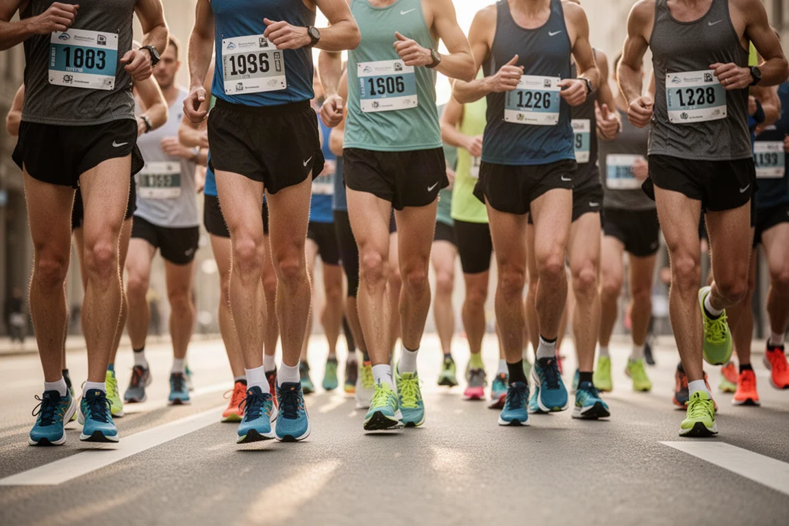 Scène de jour de course avec des coureurs alignés sur une route urbaine fermée avant un marathon