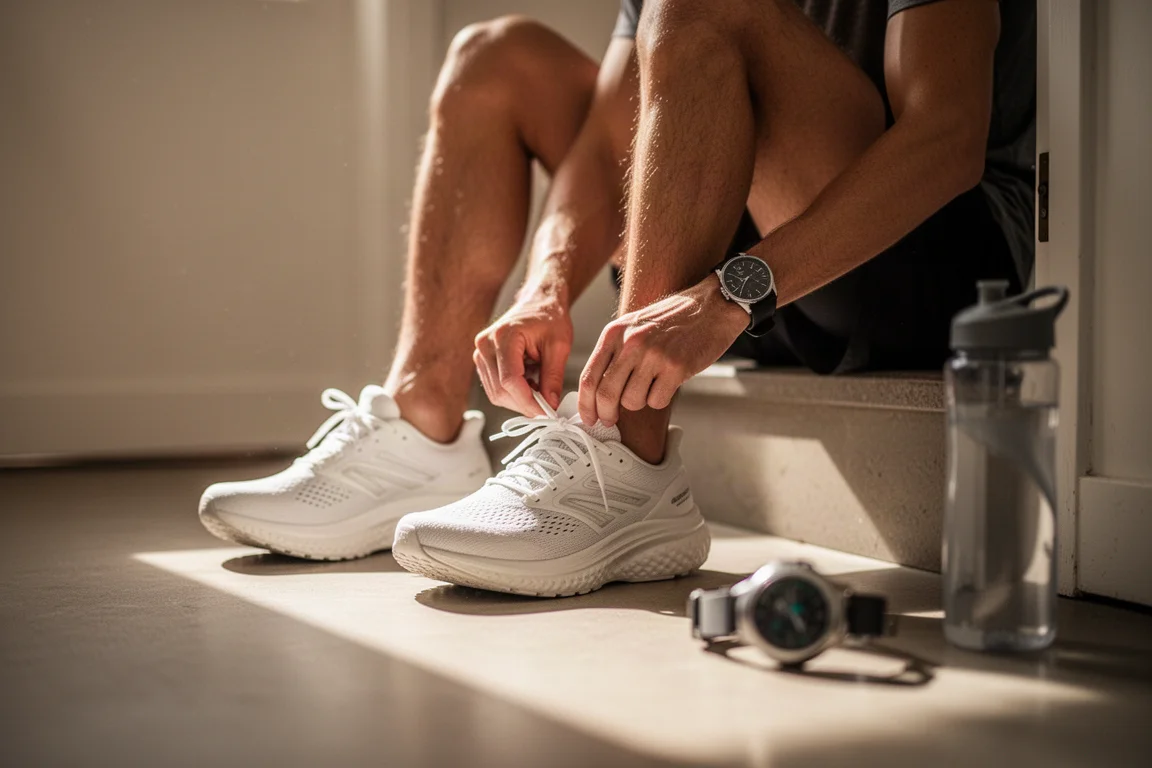 Corredor atándose unas zapatillas de entrenamiento diarias amortiguadas en el peldaño de una puerta