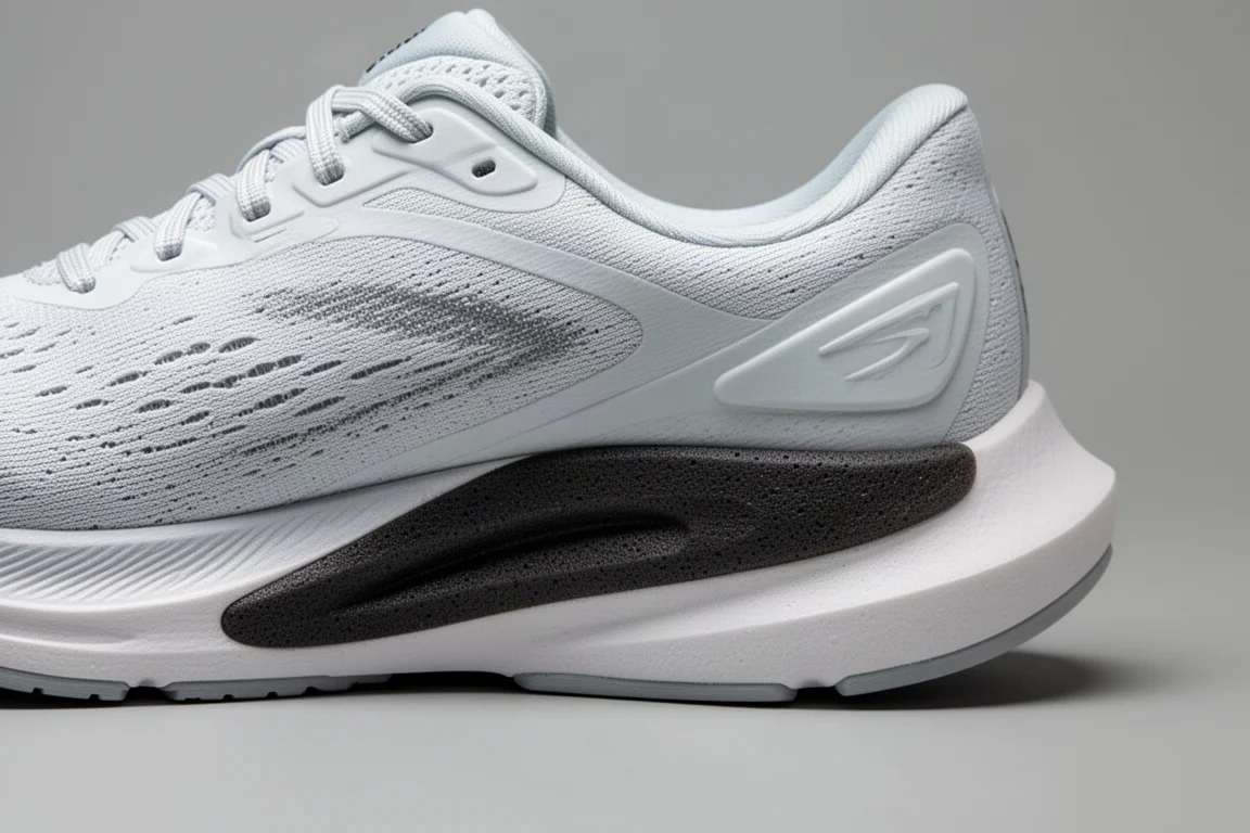 Primer plano de la mediasuela de una zapatilla de running con soporte de estabilidad mostrando un poste medial más denso