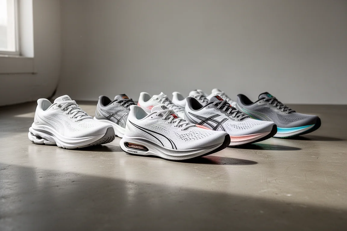 Eight running shoes of varied silhouettes lined up on a concrete studio floor