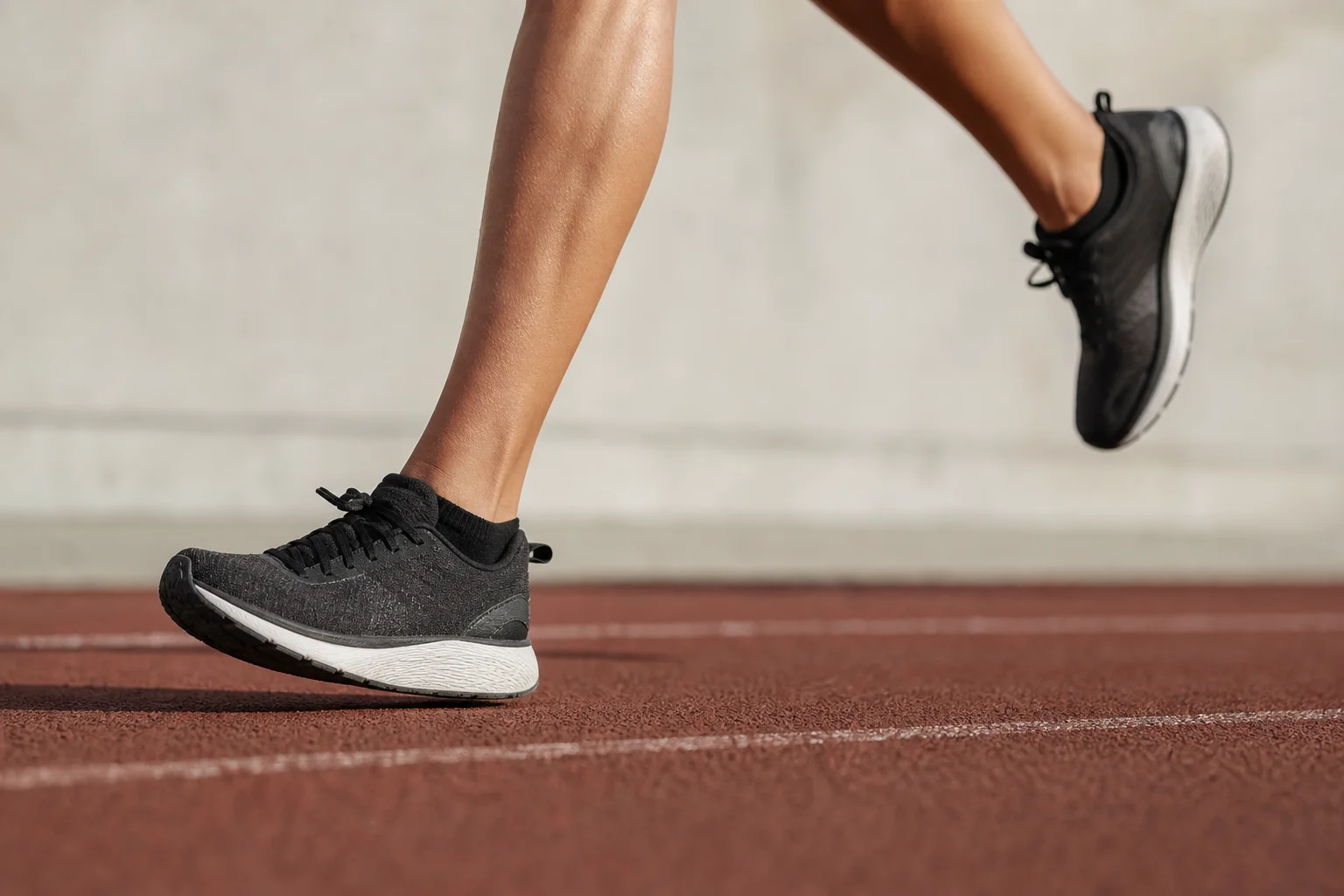 Runner's feet in motion on a track showing proper running form and shoe contact