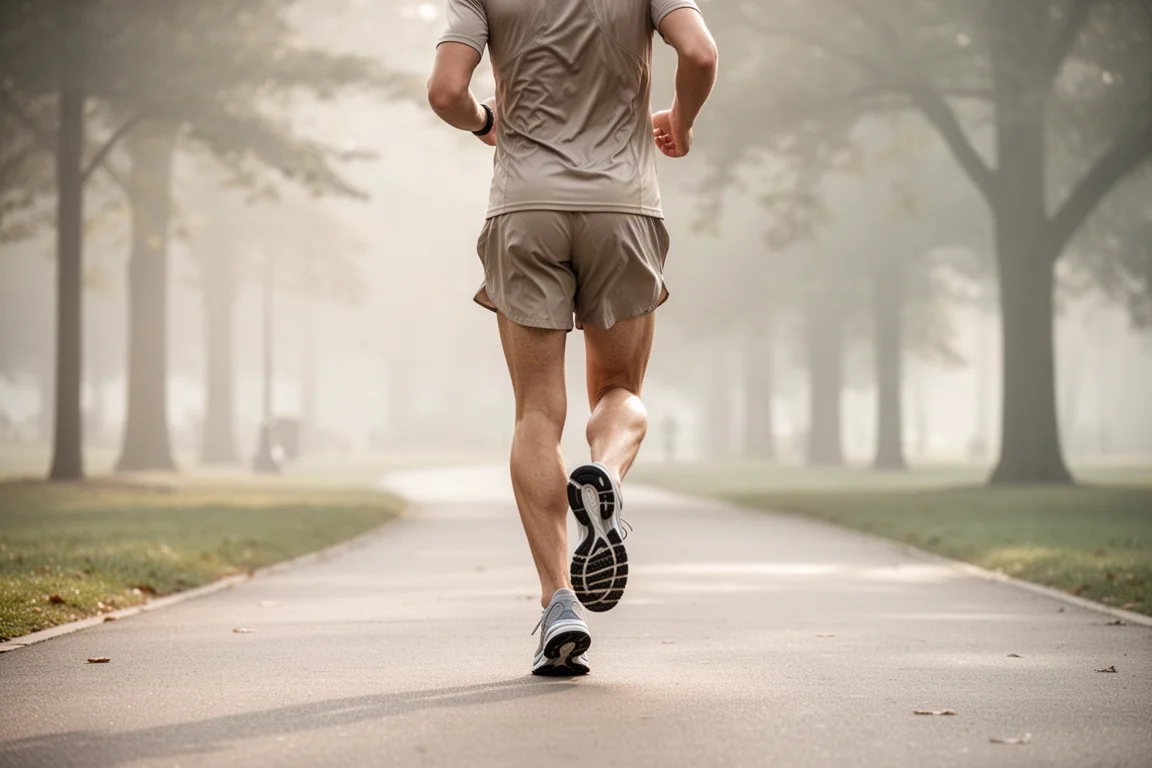 Corredor en un camino asfaltado con luz suave de la mañana y una zapatilla de entrenamiento amortiguada