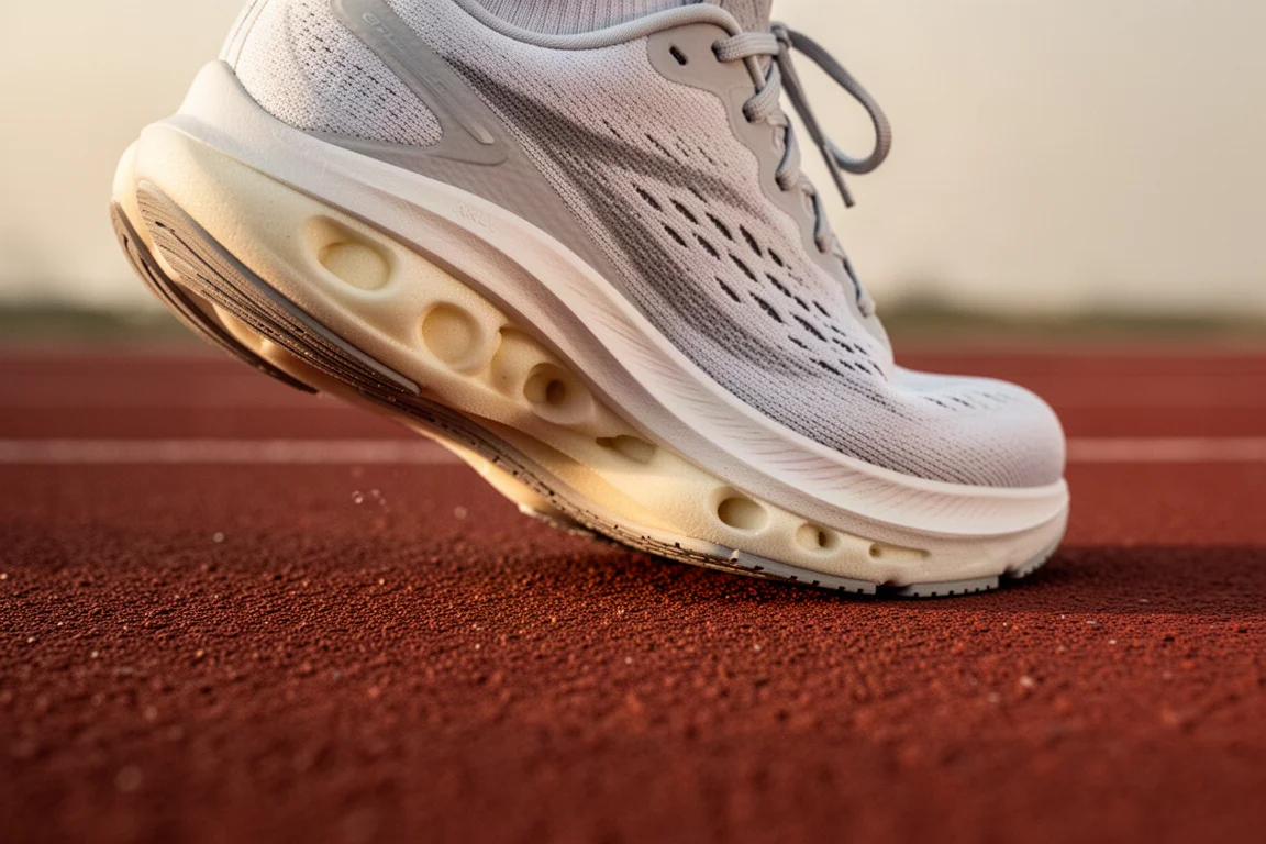 Primer plano de una mediasuela de zapatilla de running flexionando en una pista de atletismo