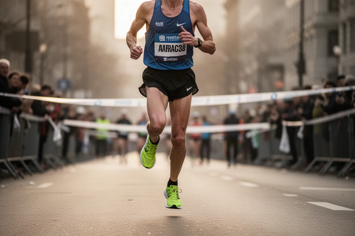 Corredor acercándose a los últimos kilómetros de un maratón en calles de la ciudad