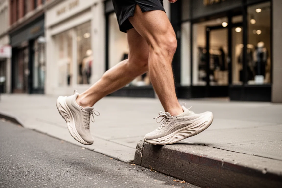 Corredor habitual bajando de un bordillo en la ciudad con zapatillas versátiles