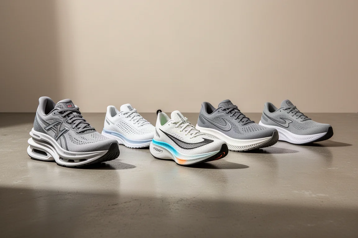 Six different running shoes arranged in a row on a concrete surface