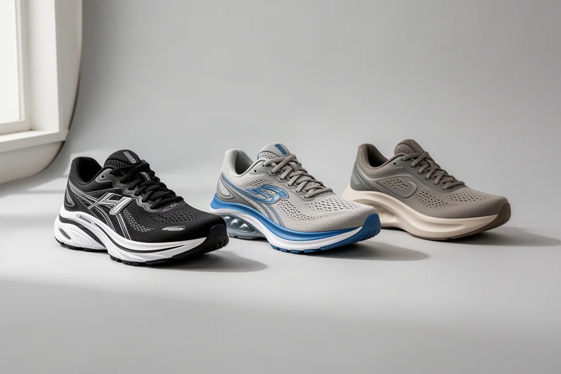 Three pairs of running shoes arranged in a row on a grey backdrop
