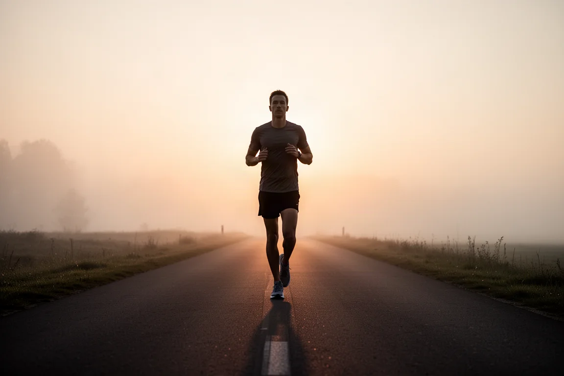 Corredor enfriándose al atardecer después de un largo entrenamiento