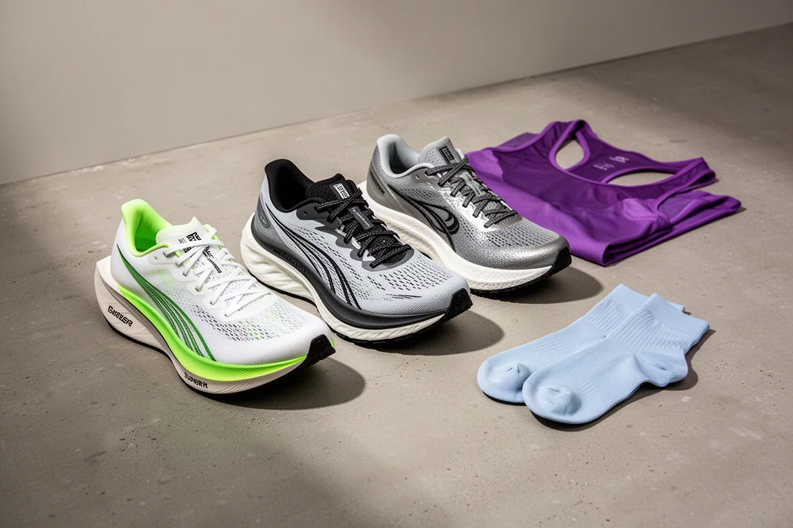 Assorted running shoes, a singlet, and running socks arranged on concrete
