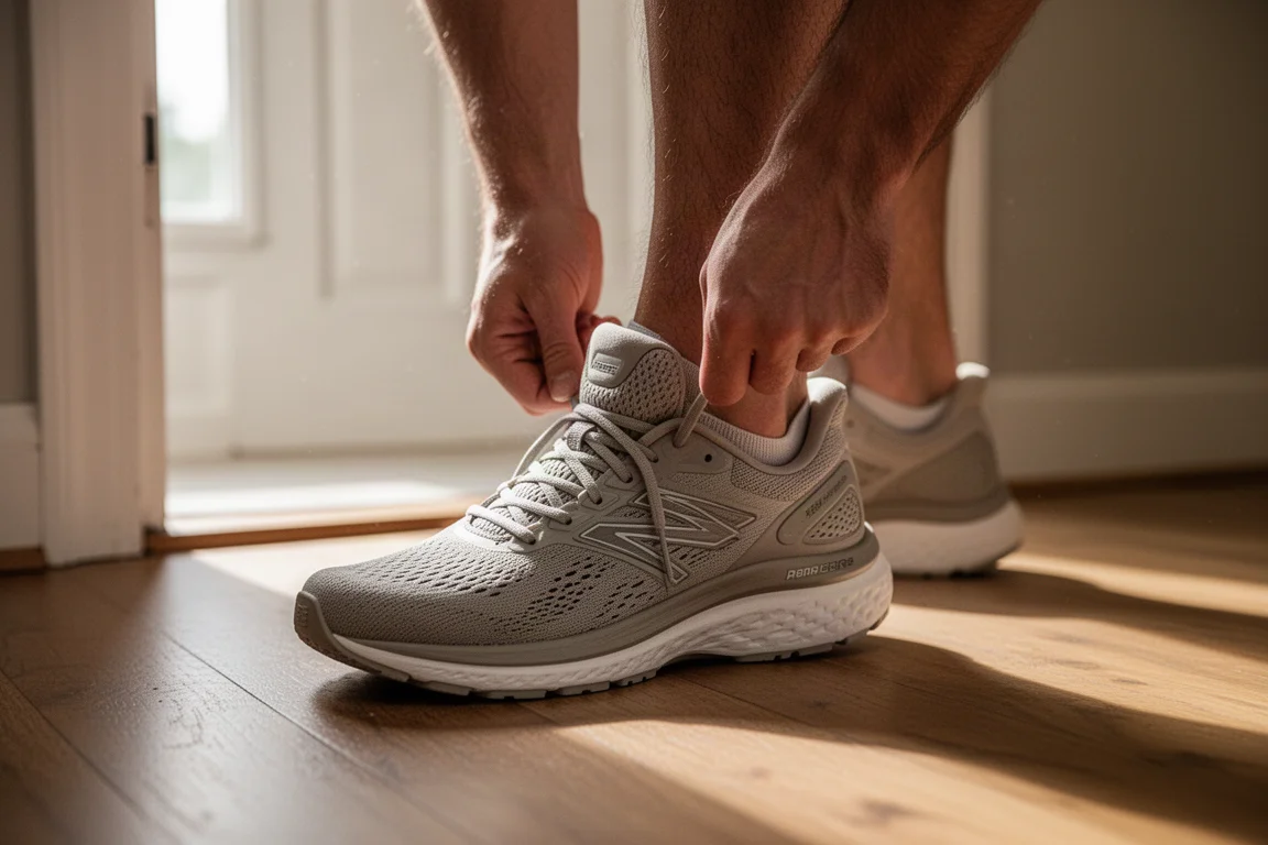 Läufer schnürt an einer Türschwelle einen gedämpften Alltagsschuh vor einem lockeren Lauf