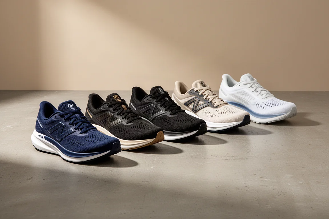 Seven road running shoes arranged in a line on a matte concrete surface