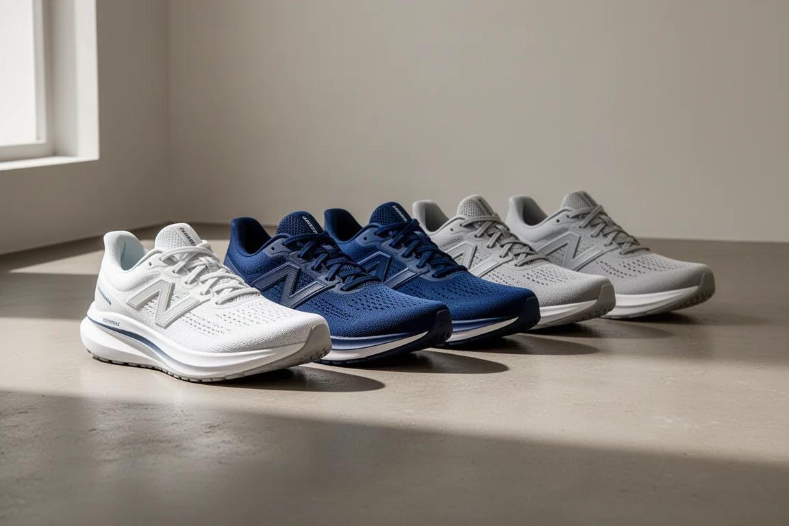 Six thick-cushioned running shoes lined up on a concrete floor