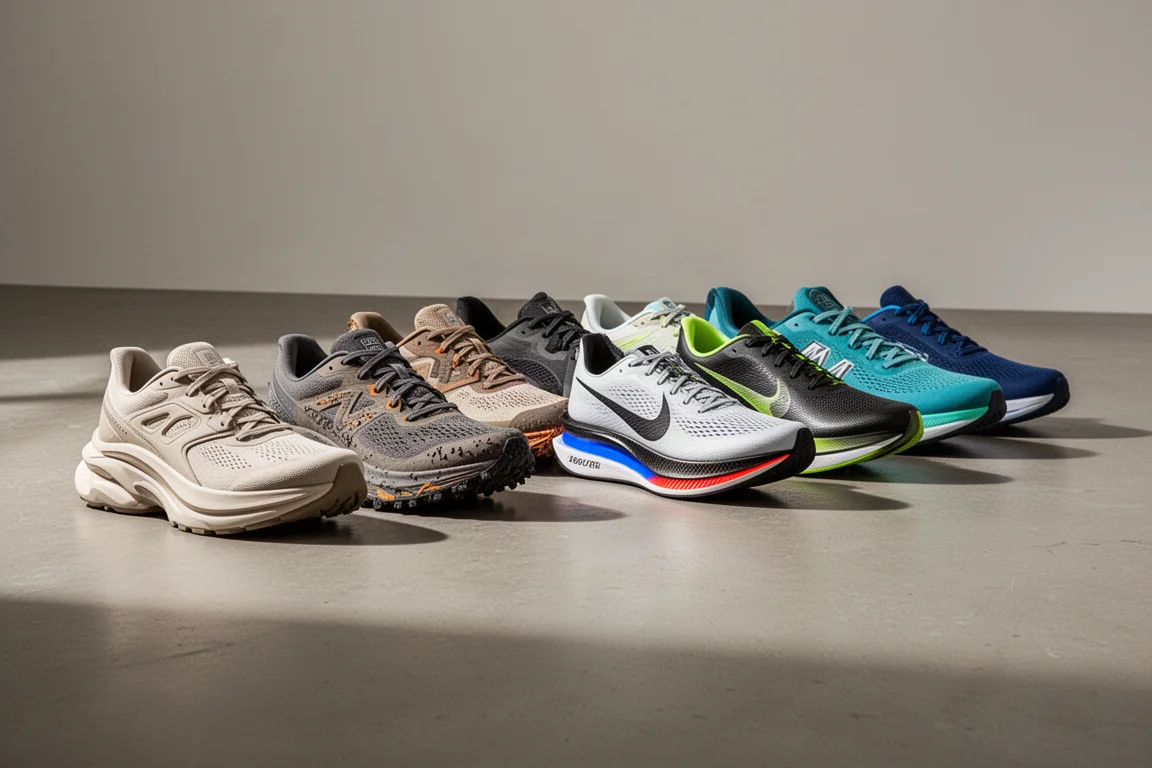 Nine running shoes of varied styles arranged in a row on concrete